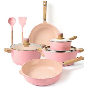YIIFEEO Conjunto de Panelas Antiaderentes de Pedra e Utensílios, 7 Peças, Rosa