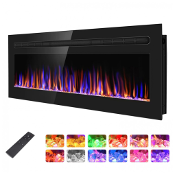 Lareira Elétrica de Embutir A44x127L cm com 12 Cores de Chama Ajustáveis, Suporte, Temporizador e Controle Remoto, 110V 1500W