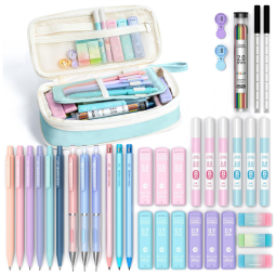 Conjunto 36 peças Four Candies azul com estojo e lapiseiras 0,5 mm, 0,7 mm, 0,9 mm e 2,0 mm para escrita e desenho