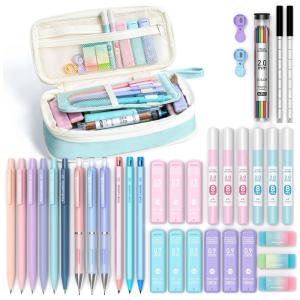 Conjunto 36 peças Four Candies azul com estojo e lapiseiras 0,5 mm, 0,7 mm, 0,9 mm e 2,0 mm para escrita e desenho