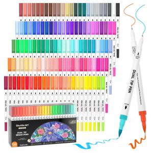 Conjunto de Canetas Artisticas 120 Cores com Pontas Duplas, 1 Livro de Colorir Perfeito para Crianças, Adultos e Artista, Shuttle Art