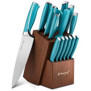 Conjunto de Facas em Aço Inoxidável com Afiador Embutido e Bloco de Bancada 15 Peças, EMOJOY 95, Preto