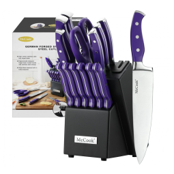 Conjunto de Facas em Aço Inoxidável com Afiador Embutido e Bloco de Bancada 14 Peças, Roxo, MCCOOK, Violeta