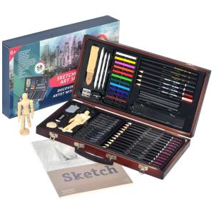 Kit Lápis de Cor Profissional com Maleta de Madeira 58 peças Tintas Acrílicas, Aquarela, TYPECHO 44main, Marrom