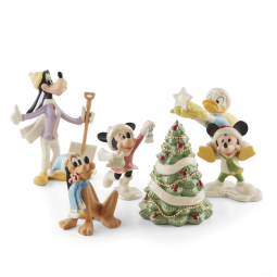 Conjunto de 5 Figuras Decorativas Lenox Disney Winter Fun em Porcelana Bege com Detalhes em Ouro 24K, Altura 12 cm