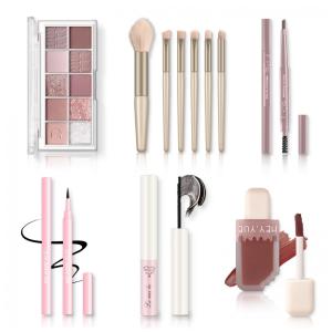Kit Maquiagem Tudo em Um Qiong Rosa Paleta Sombras 10 Cores Máscara Impermeável Brilho Labial Pincéis 6 Peças