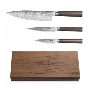 Conjunto de Facas Cangshan HAKU 501172 em Aço Damasco Forjado X 7 com Caixa de Nogueira, 3 Peças, Marrom