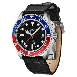 Relogio Stuhrling Meridian 3968L GMT 42mm Mostrador Preto com Moldura Vermelha e Azul, Pulseira de Couro Preto e Fivela de Prata