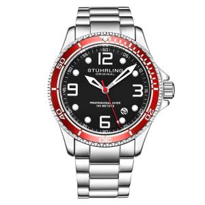 Relógio masculino Stuhrling 3930 com pulseira de aço inoxidável prata e mostrador preto de 43mm.