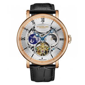 Relógio Automático Dual Time Majestic 47mm, Mostrador Prateado, Pulseira Preta e Moldura Dourada - Stuhrling.