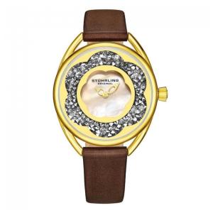 Relógio Stuhrling Lily 995 - 38mm, Mostrador Prateado, Pulseira de Couro Marrom com Fivela Dourada