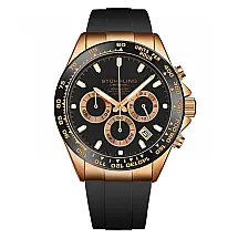 Relógio Aquamaster Cronógrafo 42mm com Pulseira e Mostrador Pretos e Moldura Dourada de Prestígio da Stuhrling.