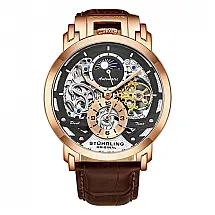 Relógio Automático Stuhrling Menai 906, Mostrador Cinza Metálico, Pulseira Couro Marrom com Fivela Dourada