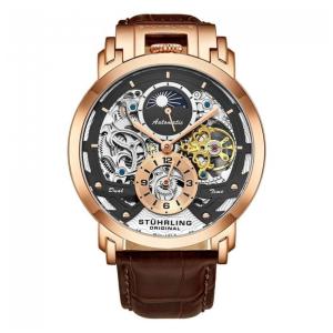 Relógio Automático Stuhrling Menai 906, Mostrador Cinza Metálico, Pulseira Couro Marrom com Fivela Dourada