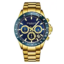 Relgio de pulso crongrafo ltima 3960, mostrador azul de 42mm, pulseira de ao inoxidvel dourada e fivela de implantao em ouro - Stuhrling.