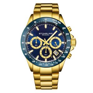 Relgio de pulso crongrafo ltima 3960, mostrador azul de 42mm, pulseira de ao inoxidvel dourada e fivela de implantao em ouro - Stuhrling.