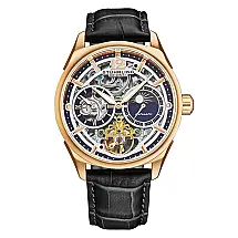 Relógio Automático Vanguard 1019 com Dual Time, Mostrador Azul, Pulseira Preta e Moldura Dourada de 42mm - Stuhrling.