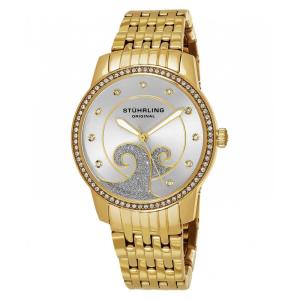 Relógio Stuhrling Clássico Coroa 569 com Mostrador Prateado de 37mm em Ouro e Fivela de Aço Inoxidável Dourada.
