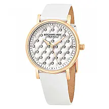 Relógio feminino Stuhrling Audrey 799, com mostrador prateado, pulseira de couro branco e fivela tang.
