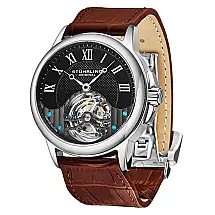 Relogio de Pulso Aureate Tourbillon 541L, Corda Manual, Mostrador Preto e Prata, Pulseira de Couro Marrom e Fivela de Implantacao Stuhrling.