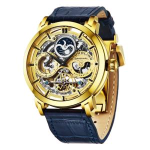 Relogio Anatol 371L Automatico 46mm Mostrador Dourado com Pulseira de Couro Azul e Fivela Implantavel em Camadas de Ouro Stuhrling.