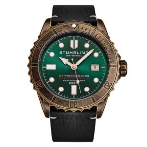 Relogio Automatico Swiss Depthmaster Heritage 1003L 44MM, Mostrador Verde e Cobre, Pulseira de Couro Preta Stuhrling