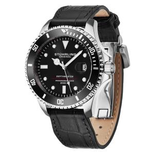 Relogio Automatico Depthmaster 883L 42mm em Prata com Mostrador Preto e Pulseira de Couro Preto Stuhrling