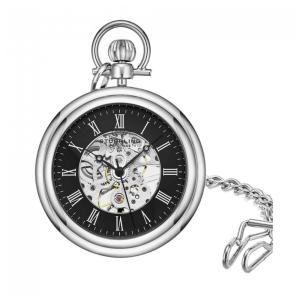 Relógio de Bolso Vintage Stuhrling 47mm Manual Mostrador Preto e Prata Aço Inoxidável