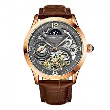 Relógio Stuhrling Reserve 44mm Automático Cinza e Rosa, Pulseira Couro Marrom com Fivela Dourada