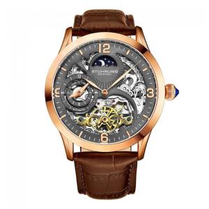 Relógio Stuhrling Reserve 44mm Automático Cinza e Rosa, Pulseira Couro Marrom com Fivela Dourada