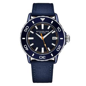 Relógio Stuhrling Explorar 4041, 40 mm, Moldura Azul, Coroa Prateada e Pulseira Azul Confortável