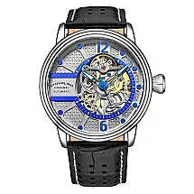 Relógio Automático Prospero 3971, Mostrador Prateado 44mm, Pulseira de Couro Preta com Fivela Prateada - Stuhrling.