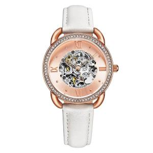 Relgio Feminino Stuhrling 3991 Automtico 36mm com Mostrador Rosa e Pulseira de Couro Branco em Camadas de Ouro Rosa