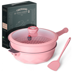 Panela Frigideira 5L Antiaderente 7 em 1 com 7 Camadas de Revestimento e Indicador de Calor, TIBORANG, Rosa