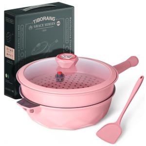 Panela Frigideira 5L Antiaderente 7 em 1 com 7 Camadas de Revestimento e Indicador de Calor, TIBORANG, Rosa