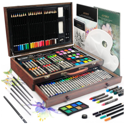 Kit de Pintura JOY SPOT com 148 Peças e Caixa de madeira Portátil, Marrom Escuro