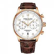 Relgio Crongrafo Stuhrling GR1Q 4012 de 42mm, Mostrador Branco com Detalhes em Rosa, Pulseira de Couro Marrom e Fivela Tang em Ouro Rosa.