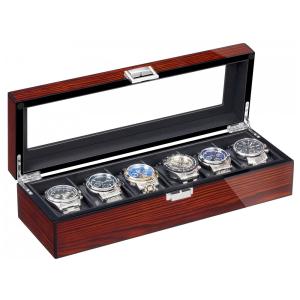 Caixa, Estojo de Couro e Visor de Vidro para Relógios com 6 Compartimentos, BEWISHOME SSH06Y, Marrom