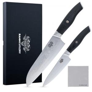 Conjunto de Facas Profissionais em Aço Japonês com Estojo, 2 Peças, RAMM CUTLERY, Preto