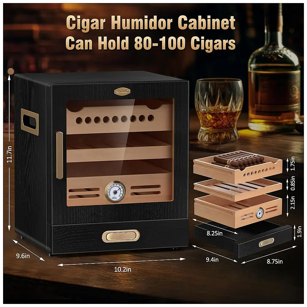 Humidor para Charutos COOL KNIGHT Preto com Gavetas de Cedro Espanhol e Controle de Umidade 100 Charutos — foto 2