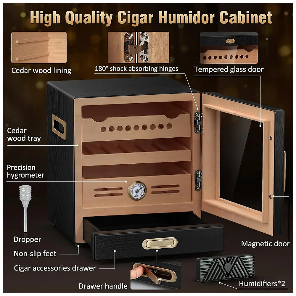 Humidor para Charutos COOL KNIGHT Preto com Gavetas de Cedro Espanhol e Controle de Umidade 100 Charutos — foto 3
