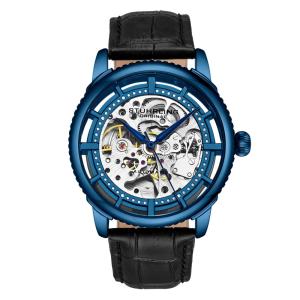 Relogio aviador de couro preto com mostrador azul Stuhrling 3933