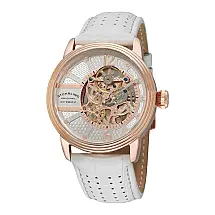 Relógio Stuhrling Próspero Clássico 308A Automático 44mm, mostrador prateado e pulseira de couro branco com fivela Tang.