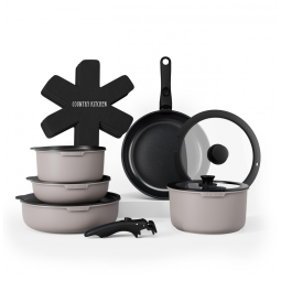 Jogo de Panelas e Frigideiras, Material em Alumínio com 16 Peças e Cabo Removível, Country Kitchen, Cinza e Preto