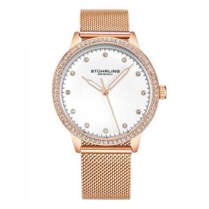 Relógio Feminino Stuhrling Dorset 3904, 38mm, Mostrador Branco e Rosa, Pulseira de Aço Inox Rosê com Fivela Charmosa