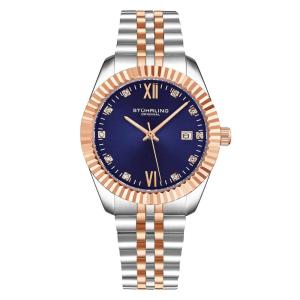 Relógio Stuhrling Gamine Classic 42mm Mostrador Azul Pulseira Bicolor Prateada e Rosa