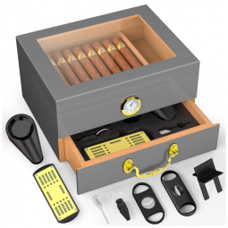 Umidor para Charutos TRBIHCX Cinza-Claro com Tampa de Vidro e Cedro Espanhol para 20 a 50 Charutos