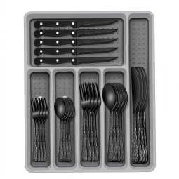 Kit de Talheres Preto de 49 Peças em Aço Inox, Organizador com Estampa de Árvores, Serve 8 Pessoas, Facas de Jantar Inclusas.,EWFEN.