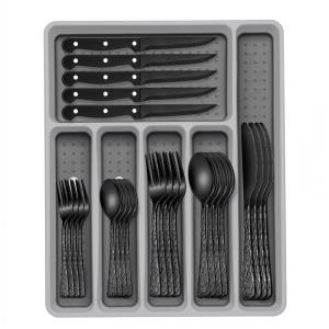 Kit de Talheres Preto de 49 Peças em Aço Inox, Organizador com Estampa de Árvores, Serve 8 Pessoas, Facas de Jantar Inclusas.,EWFEN.