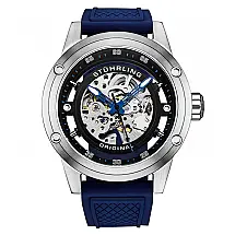 Relógio Automático Stuhrling 4034, Mostrador Preto, Pulseira Borracha Azul Claro, Fivela Prata, 50 mm